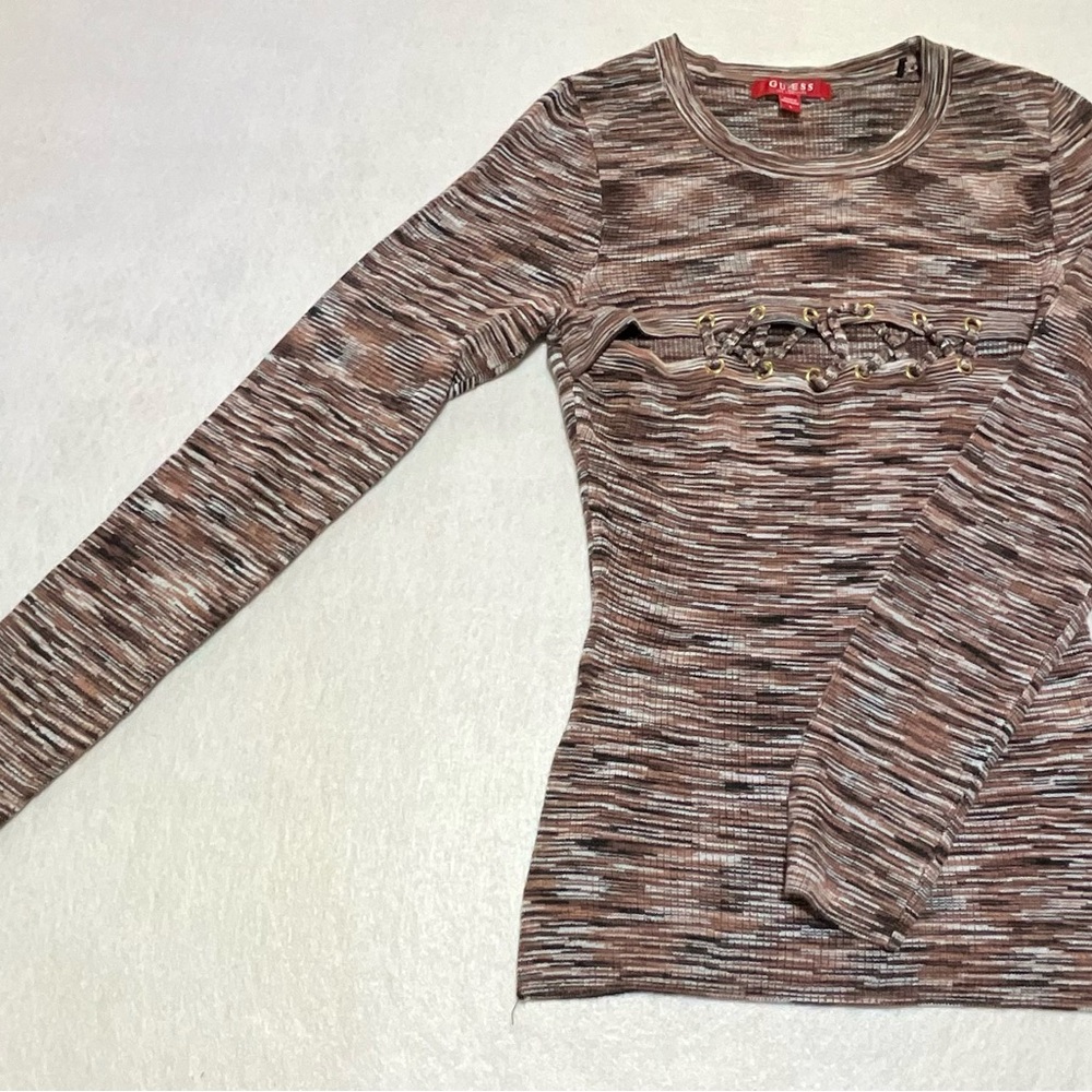 GUESS Women’s Stretch Long Sleeve Woven Top Size Large Dark Academy Core Brown